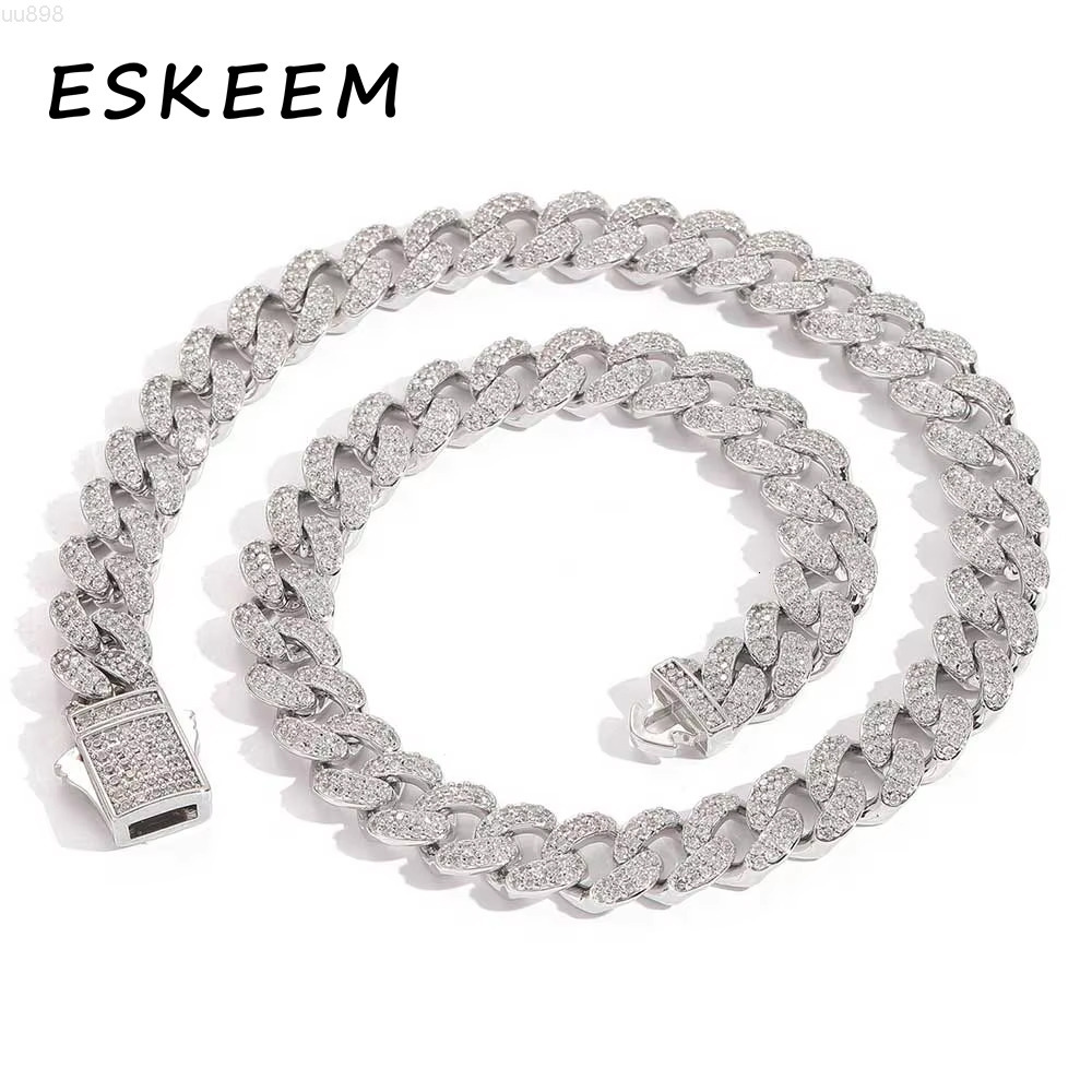 Eskeem 12mm Cuban Link Chain Necklace with Zircon for Men and Women 2Row Iced Out Hip Hop Fine Jewelry
