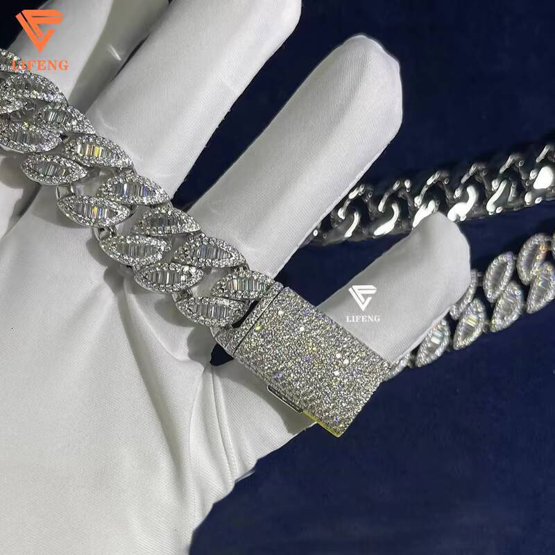 Custom White Gold Plated 16mm Baguette 925 Soild Silver Diamond VVS Moissanite Hiphop Cuban Link Chains Necklace Platinum