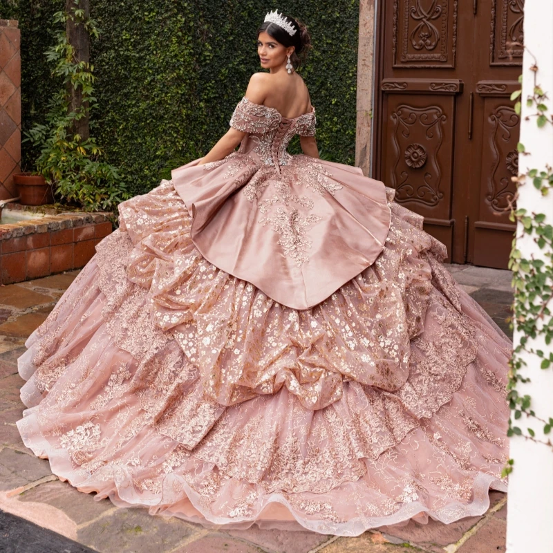 Pink Shiny Quinceanera Dresses Ball Gown Off The Shoulder Applique Lace Beading Crystal Tull Sweet 16 Dress Vestidos 15 Anos