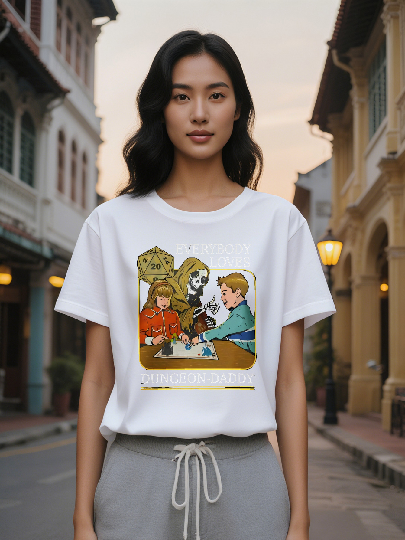 Lady Casual Graphic T Shirt Dungeons Dragons Theme With Everybody Loves Dad Print Black Round Neck Summer Tee