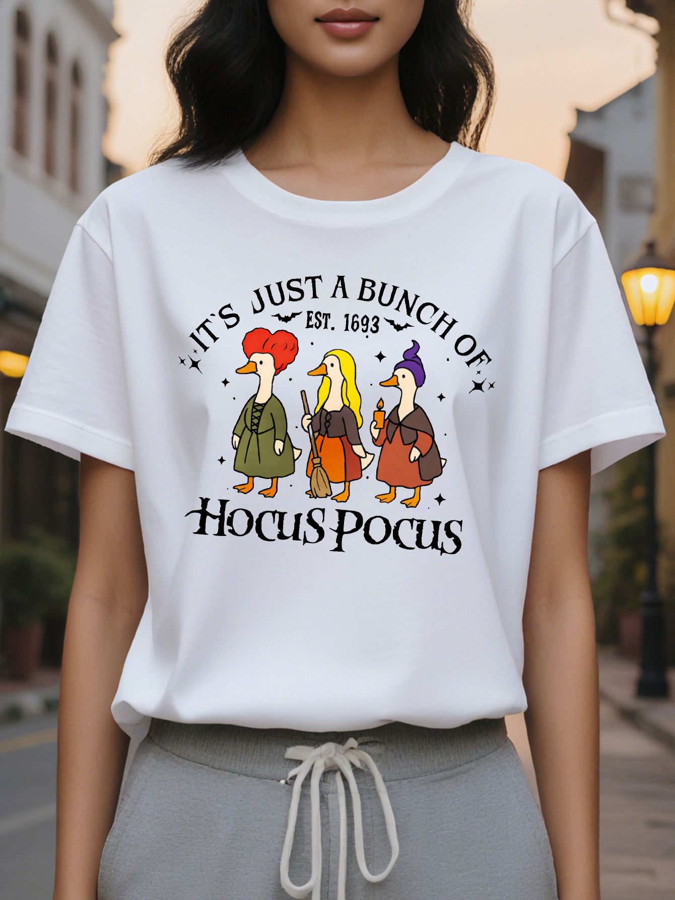 Women's Movie Quote Halloween T-Shirt It's Just a Bunch of Hocus Pocus Graphic Tee with Witch Design Soft Round Neck