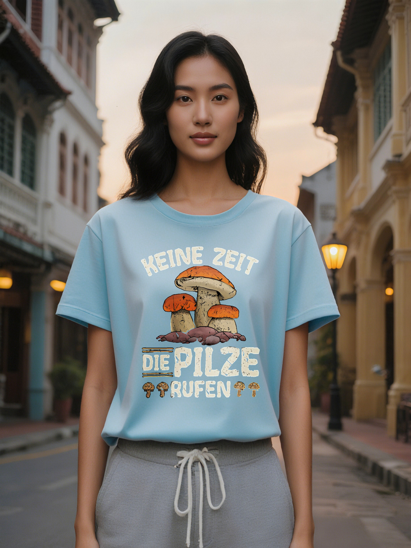 Large XL Casual Versatile Round Neck T-Shirt Black Background with Orange and White Mushroom Print Pattern Women's Top Perfect Plus Size