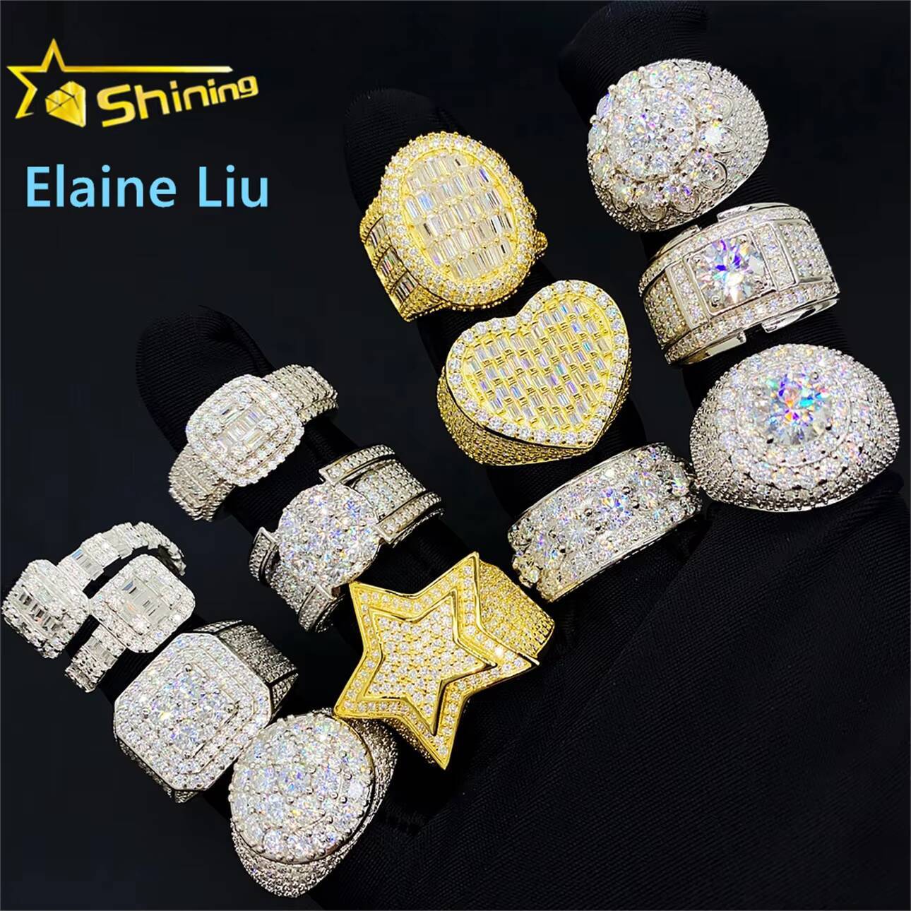 Fine Jewelry 925 Sterling Silver Ice Out Men Rings Heart Shape VVS Moissanite Diamond Hip Hop Ring