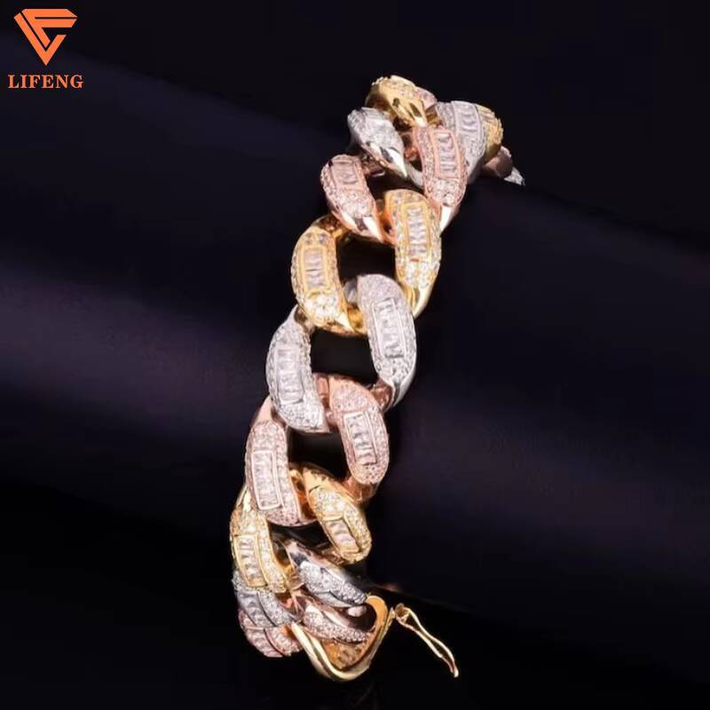 New Design Fashion Jewelry Iced Out 20mm Three Tone Plated Cuban Link Chain Baguette VVS Moissanite Bracelets Hiphop for Women