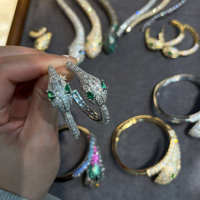 Magazine Style Treasure Series Spirit High-end Heavy Jewelry Set French Fashion Show Zircon Inlaid Rhodium Plated Bracelet Ring Snake Year Necklace