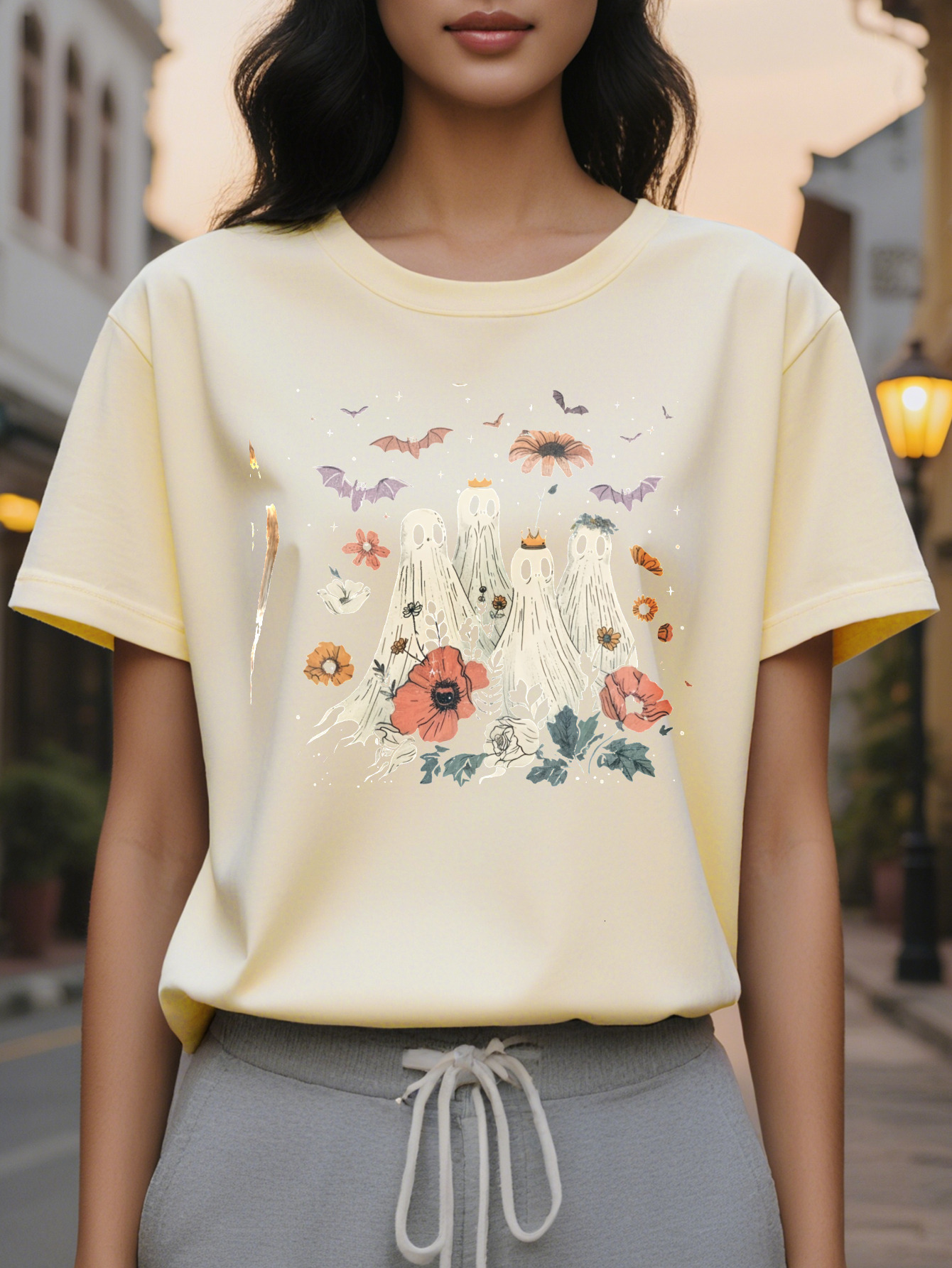 million Holy Festival Women's Casual T-shirt Crown Ghost Flower Bat Pattern soft and breathable round neck