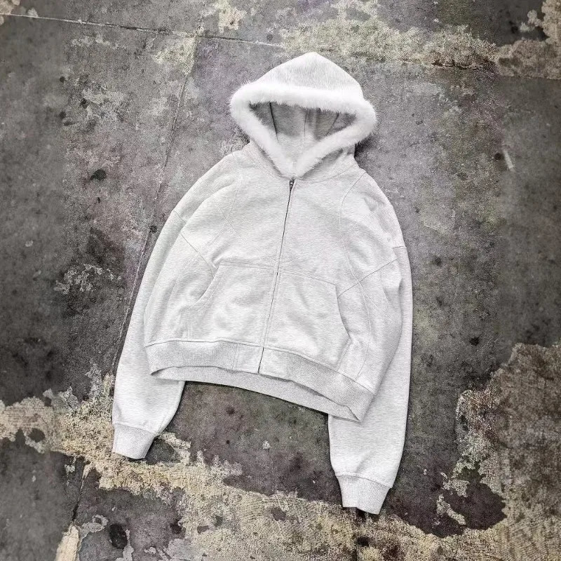 Y2K y line n high quality longsleeved fur collar hoodies women autumn and winter Harajuku trendy sweatshirts 250904