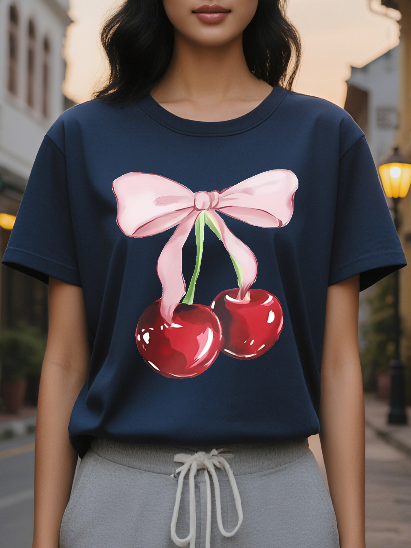 Women s short sleeved T shirt with cherry bow, slim translucent top, round neck, and summer washable white casual dress