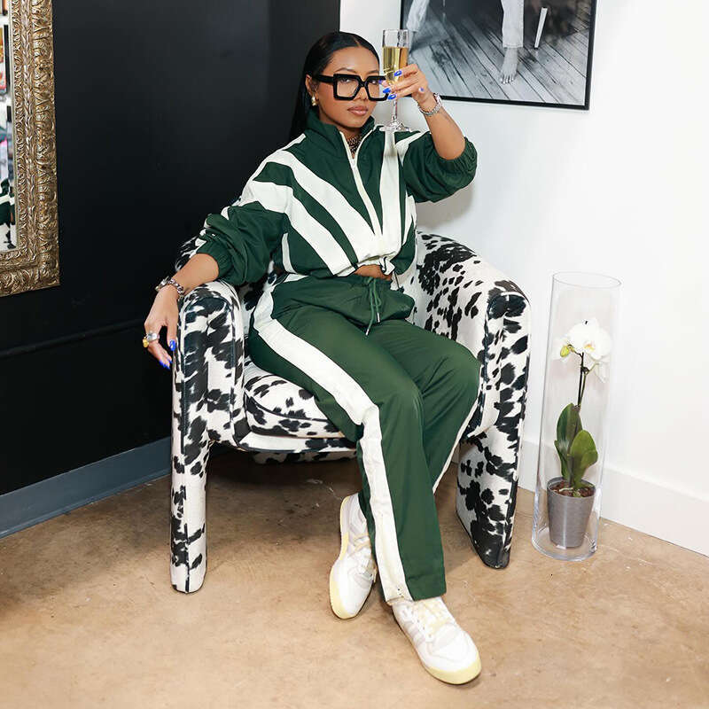 2025 Spring Patchwork Color Block Zipper Long Sleeve Short Jacket + High Waist Straight Pants Casual Fashion Two-Piece Set