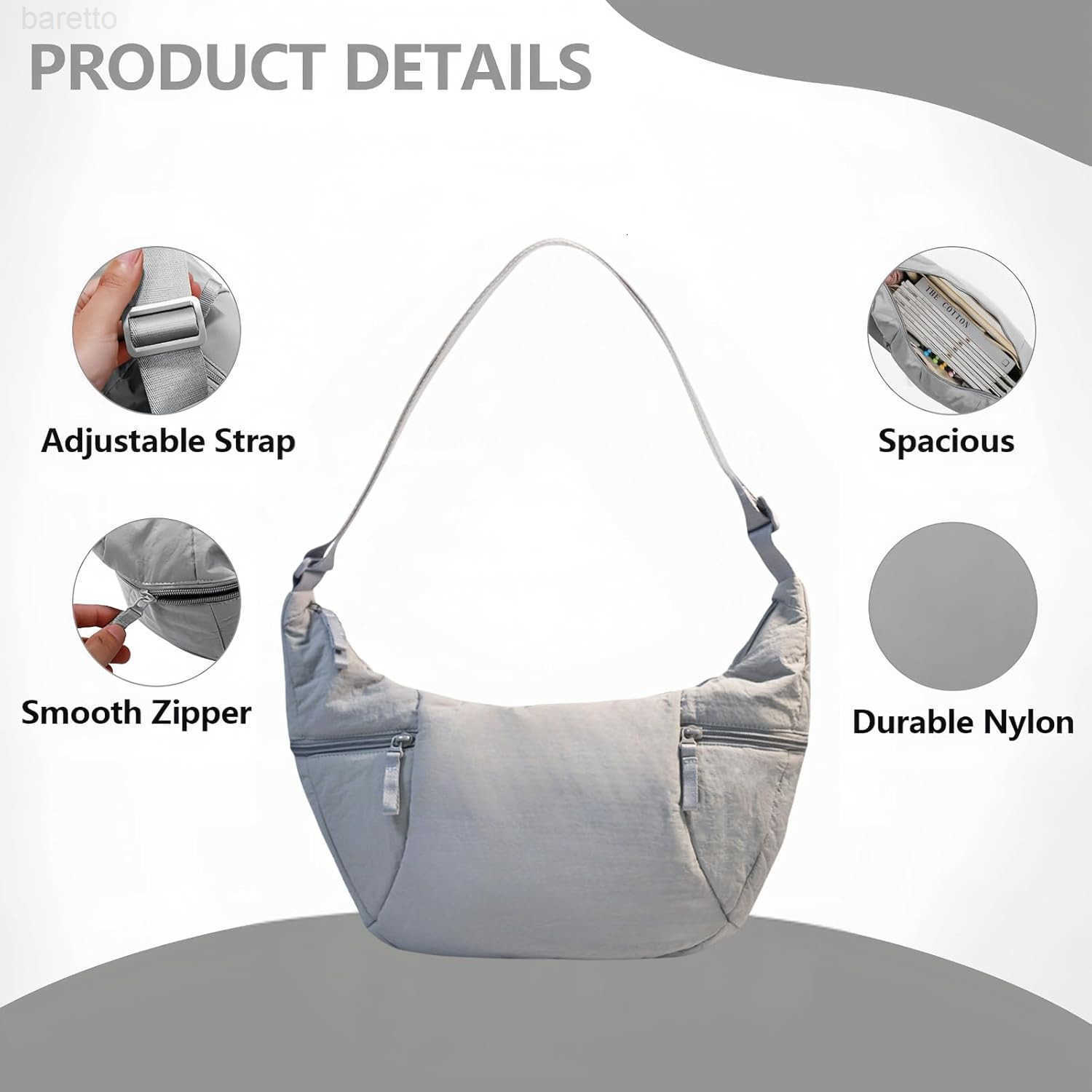 Lightweight Nylon Crossbody Bag for Women Large Crescent Crossbody Bag with Adjustable Strap Slouchy Hobo for Everyday Carry M250903