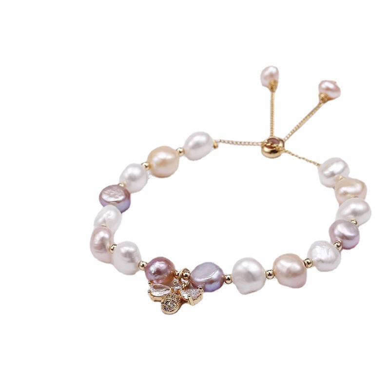 Baroque Irregular Freshwater Pearl Micro Pave Zircon Small Bee INS Simple Korean Style Fashion Bracelet