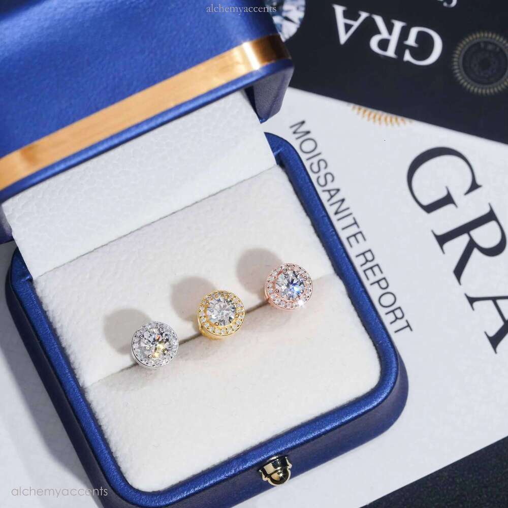 Ready to Ship Hip Hop Style Tester Certified Sier Gold Plated VVS Dia Moissanite Stud Earrings Round