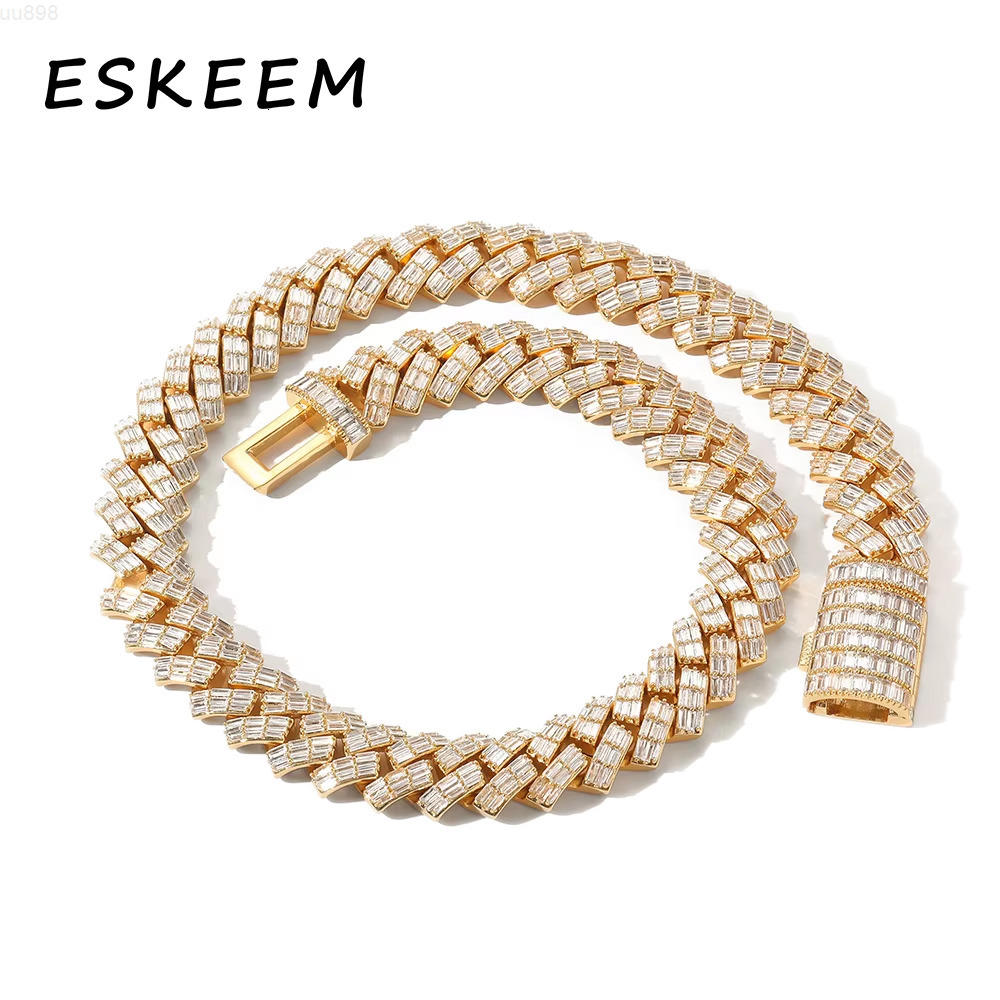 18mm Mens Chunky Cuban Necklace Gold Plated Iced Out 5A Bling CZ Flip Clasp Baguette Cuban Link Chain