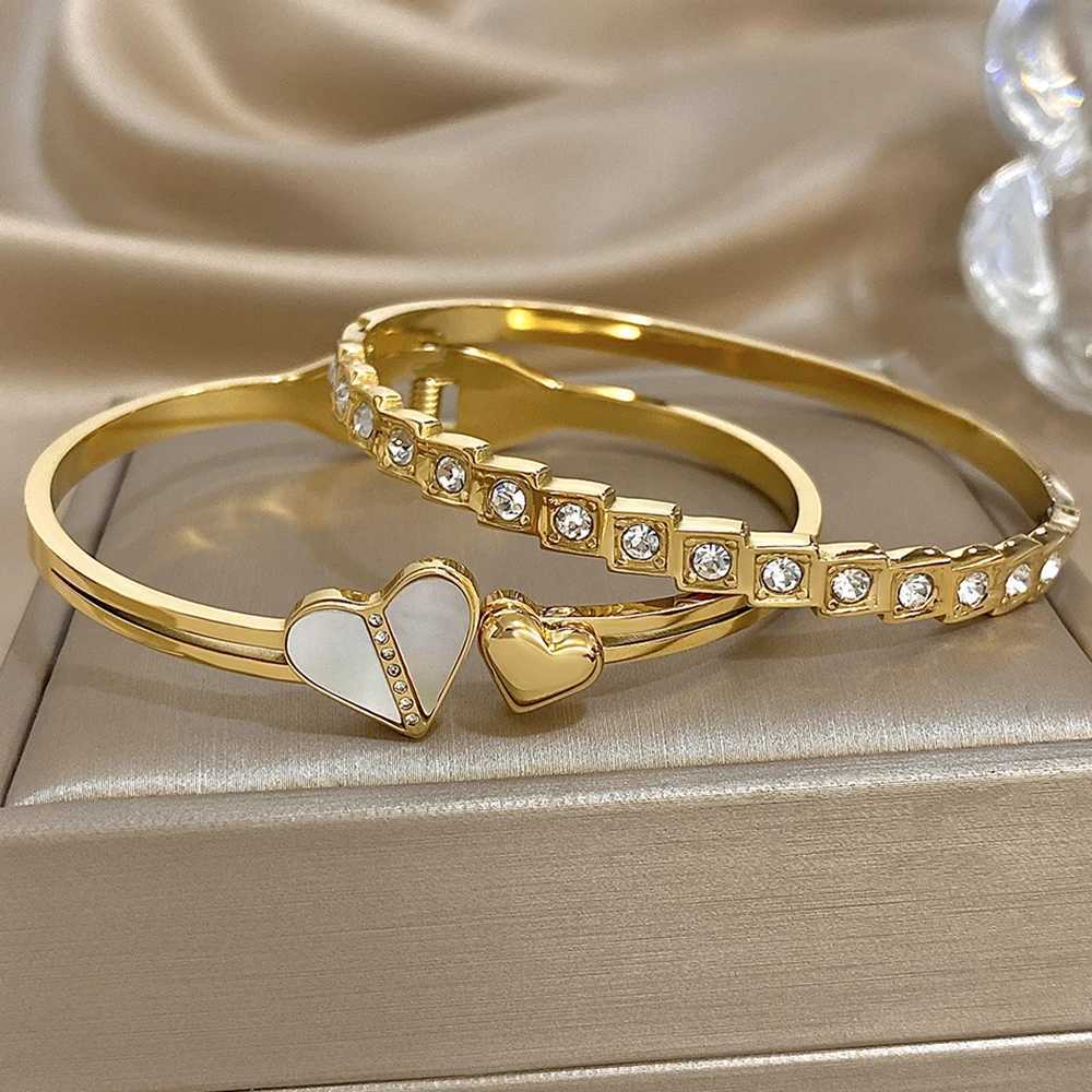 Stainless Steel Shell Square Rhinestone Open Cuff Bangles Set for Women Men Fashion Gold Plated Bangles Bracelets Y250904