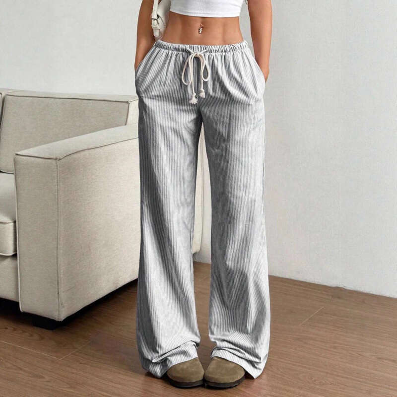 2025 New Summer Striped Straight-Leg Pants Casual Versatile Tie Fashion Loose Wide-Leg Women
