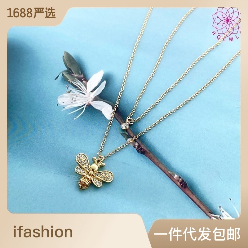 Elegant Jewelry Classic Little Bee Inlaid Dia Pendant Double Layer Clavicle Chain Versatile Women's Necklace Hardware Girl