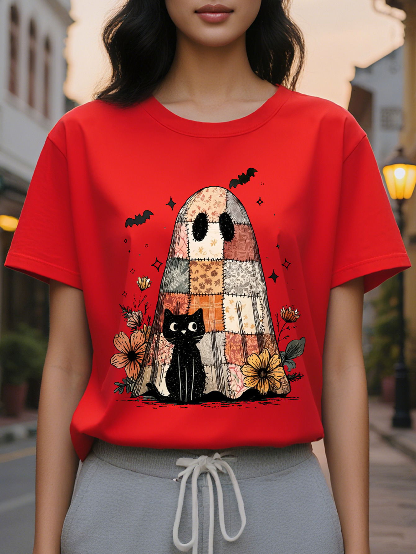 Large XL Women's Halloween Graphic Print Sweatshirt Casual Round Neck Pullover with Spooky Ghosts Bats Black Cat Design Cozy Plus Size