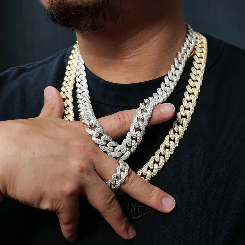 Hip Hop Jewelry 14mm Sterling Silver 925 Cuban Link Chain D VVS Moissanite Silver Cuban Chain Gold Plated Necklace Great Gift