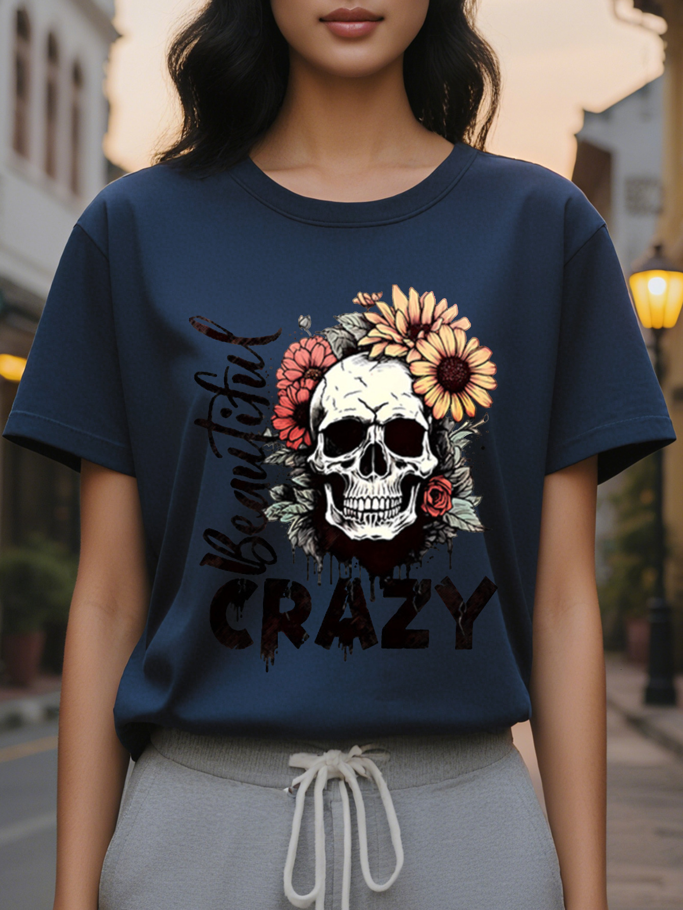 Ladies Casual Crew Neck T-Shirt Printed with Bloody Madness Print Cotton Knitted Fabric Regular Length Spring