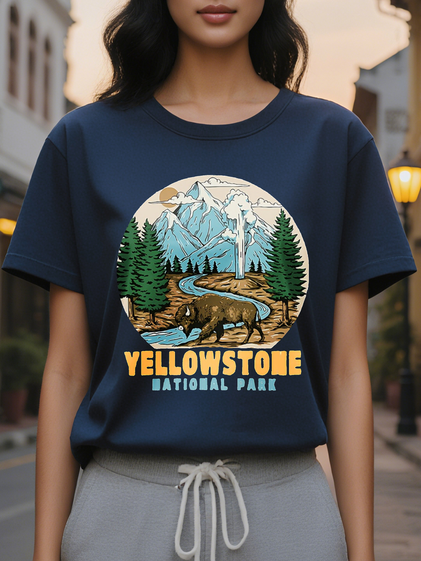 Women's casual sleeve T-shirt printed with national park pattern, cotton, regular length, spring and autumn