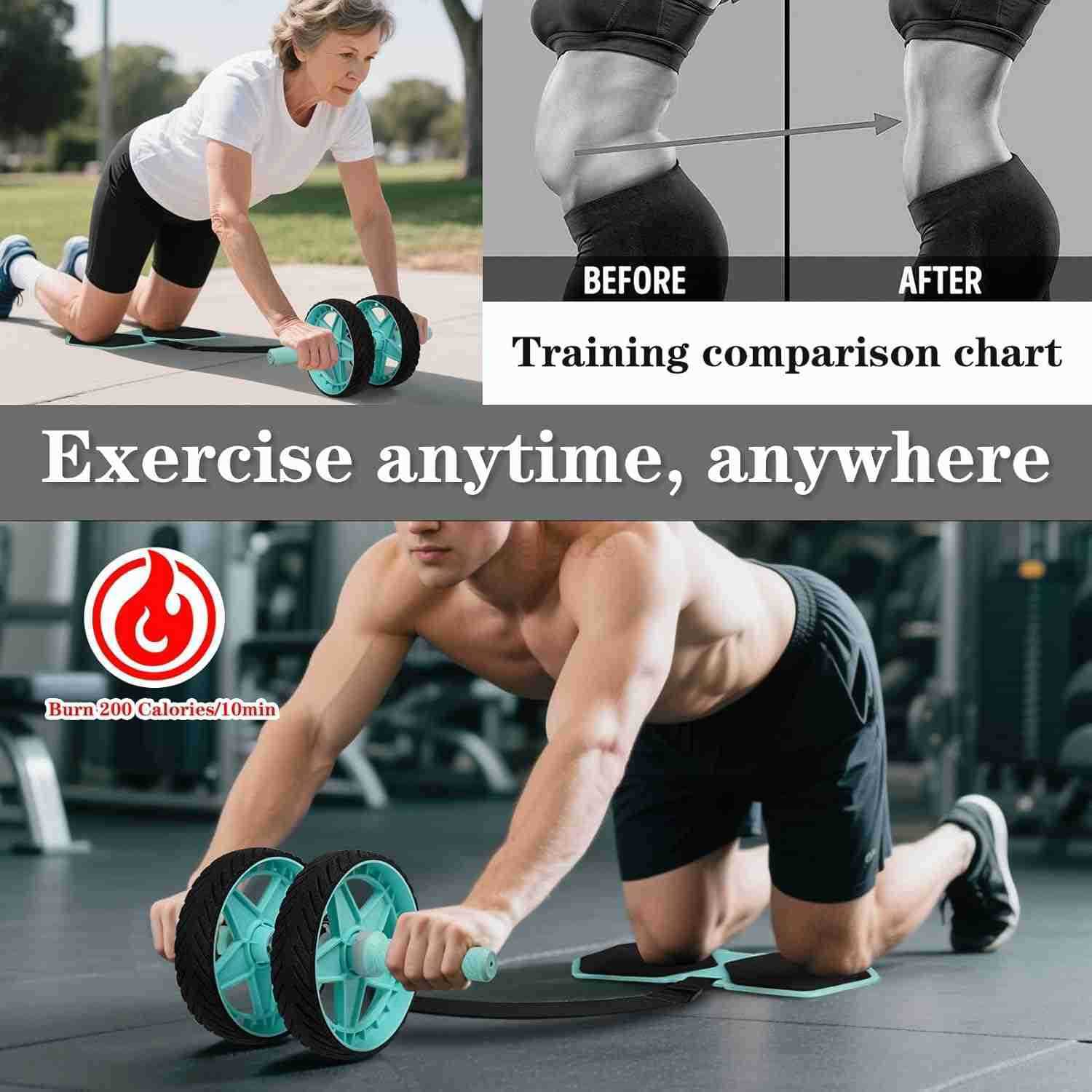 2025 New DoubleWheel Ab Roller for Core Training Rebound Design with Adjustable Elastic Band Silent NonSlip Wheels Detachable Build Knee Pad Bands Hom