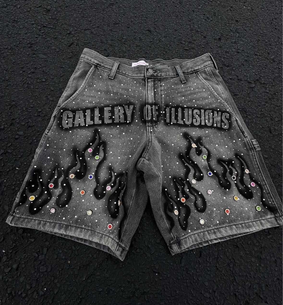 Men's Shorts Tassel Flame Print Pattern Rhinestone Butterfly Decoration Loose Denim Retro American Street Men Women Fashion Jeans