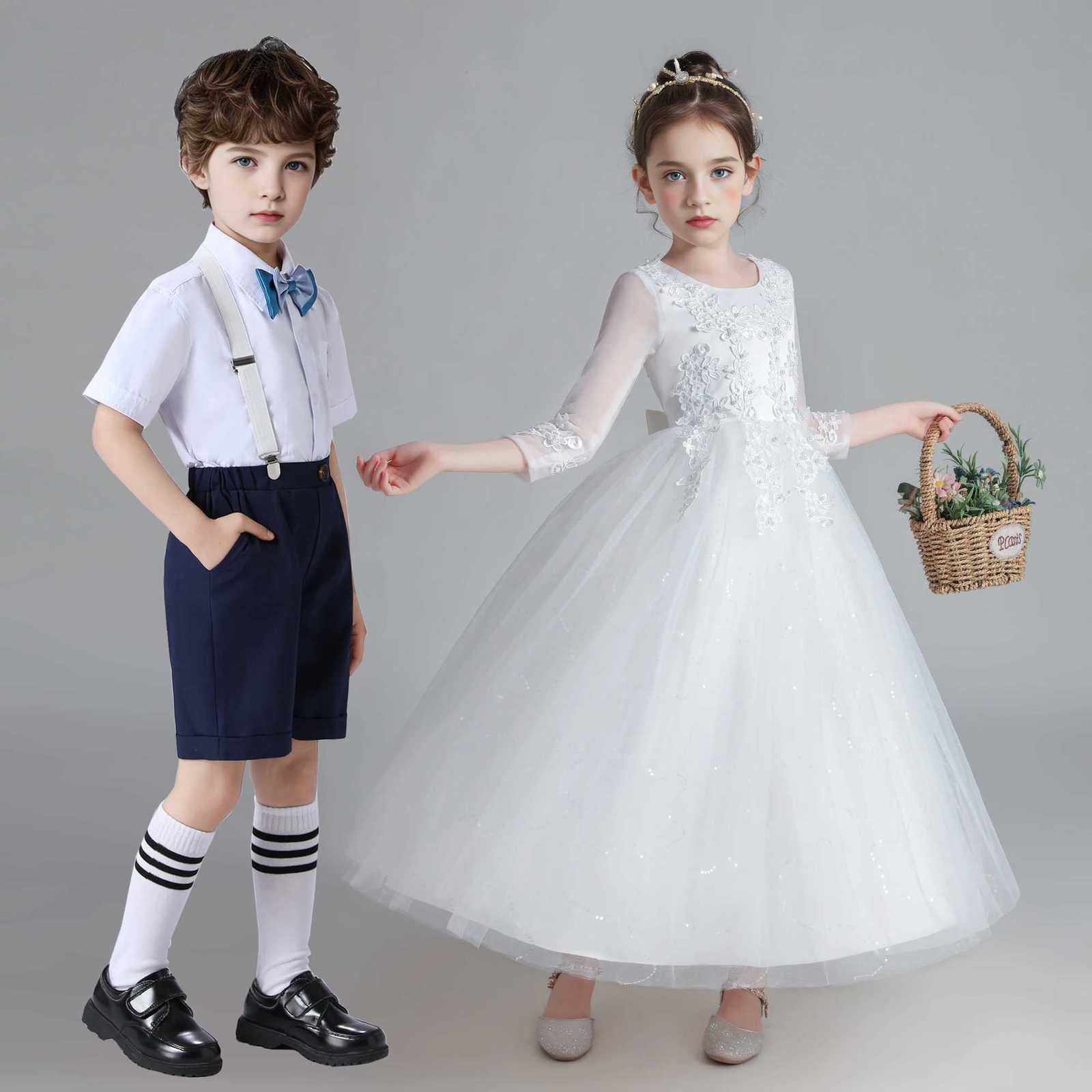 Kids Girl Princess White Long Dress Baby Girl Wedding Ceremony Party Gown Children Boy 2pcs Shirt+Pant Suit For Performance Z250904
