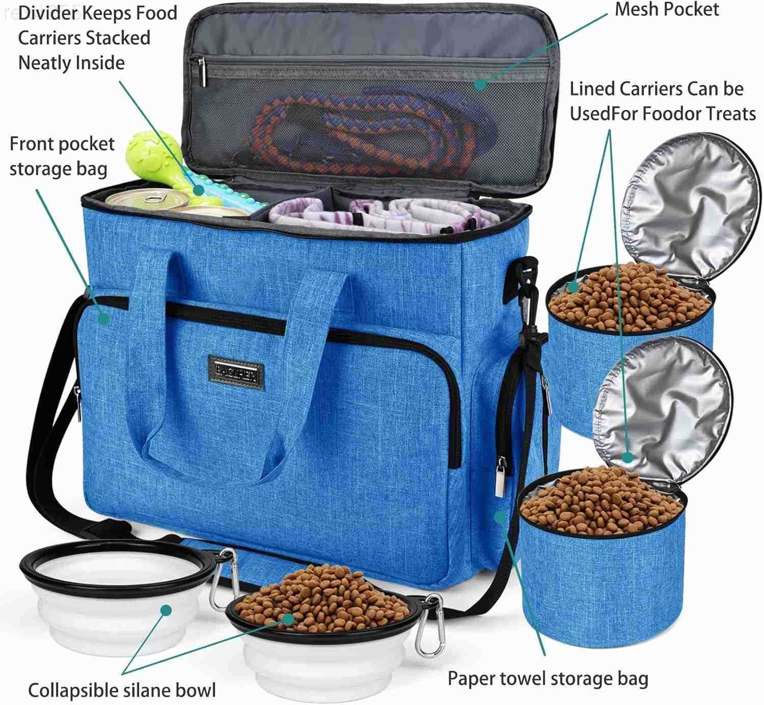 Dog Travel Bag Pet Travel Bag ALL Pet Travel Supplies With 2 Pet Food Containers and 2 Collapsible Silicone Bowls Essential Kits for Pet Travel GreyW2