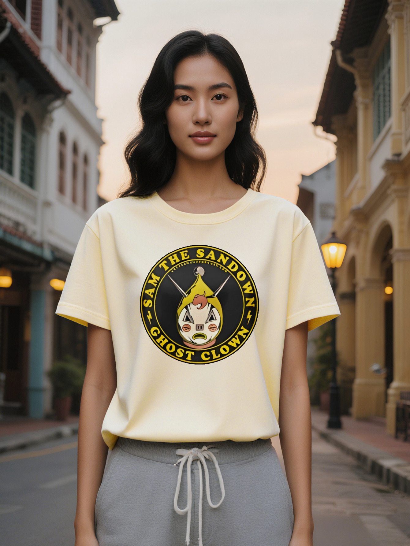 Large XL Casual Graphic T-Shirt Black with Yellow Cartoon Character Face Sam The Sandon Print Pure Cotton Breathable Plus Size