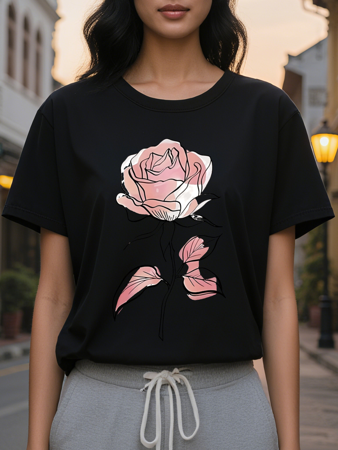 Women's elegant sleeve round neck T-shirt, soft pink rose print, medium stretch, hine wash top, autumn and winter casual