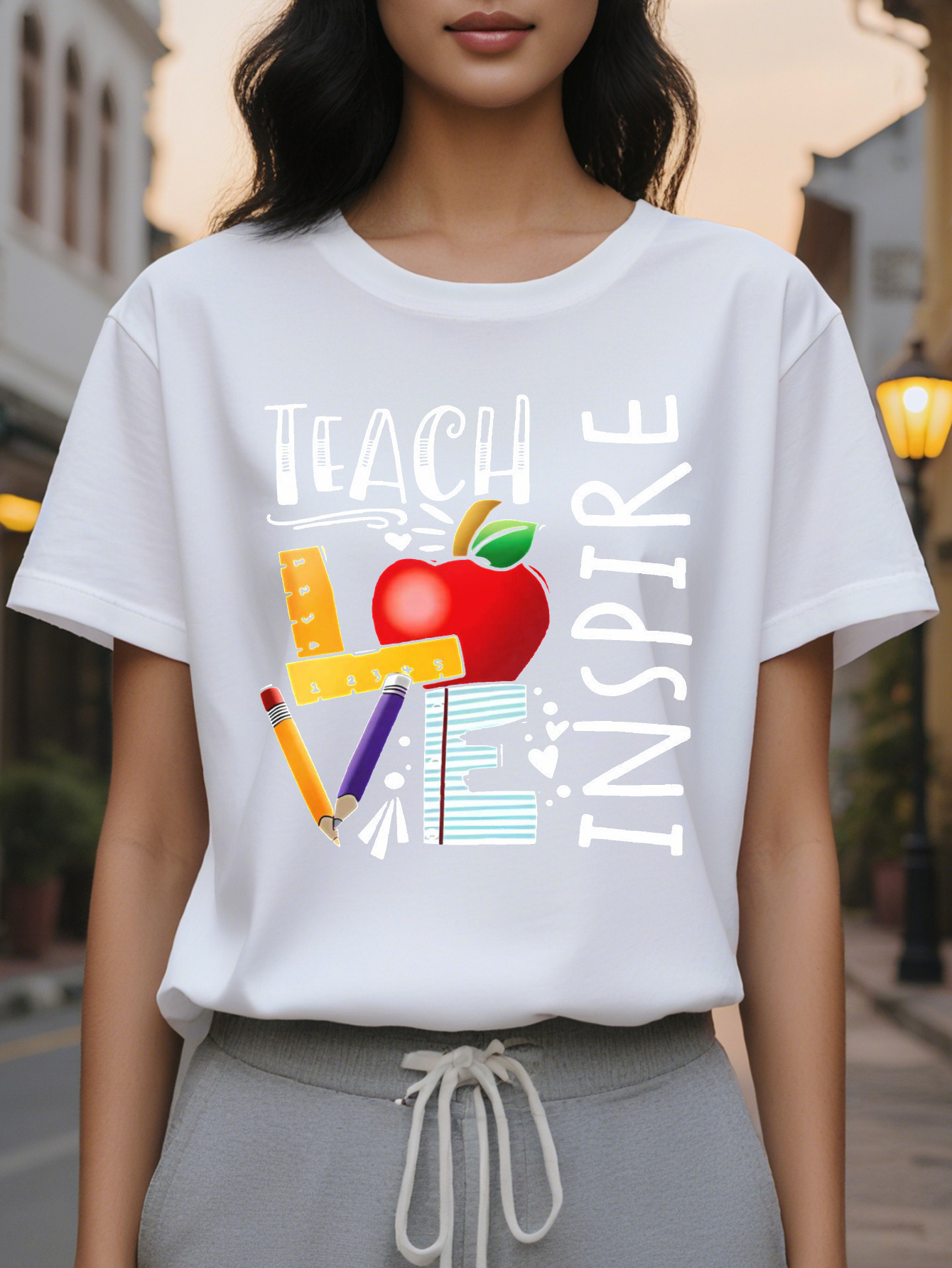 Teacher Letter Printed Short Sleeve T-Shirt Round Neck Casual Top Summer and Spring Women's Clothing