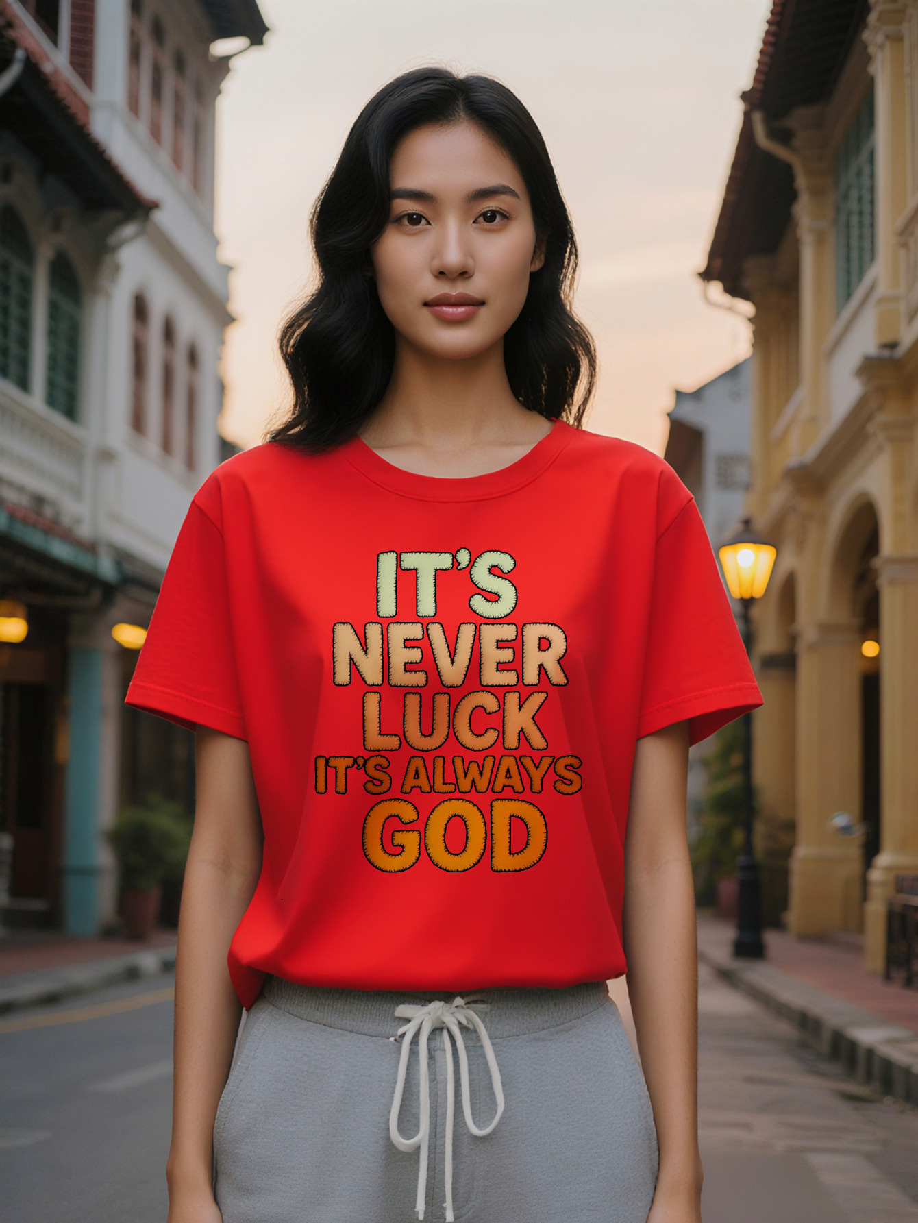 Large XL Women's Casual T-Shirt with Inspirational Never Luck It's Always God Print Black Orange Light Green Lettering Soft Plus Size
