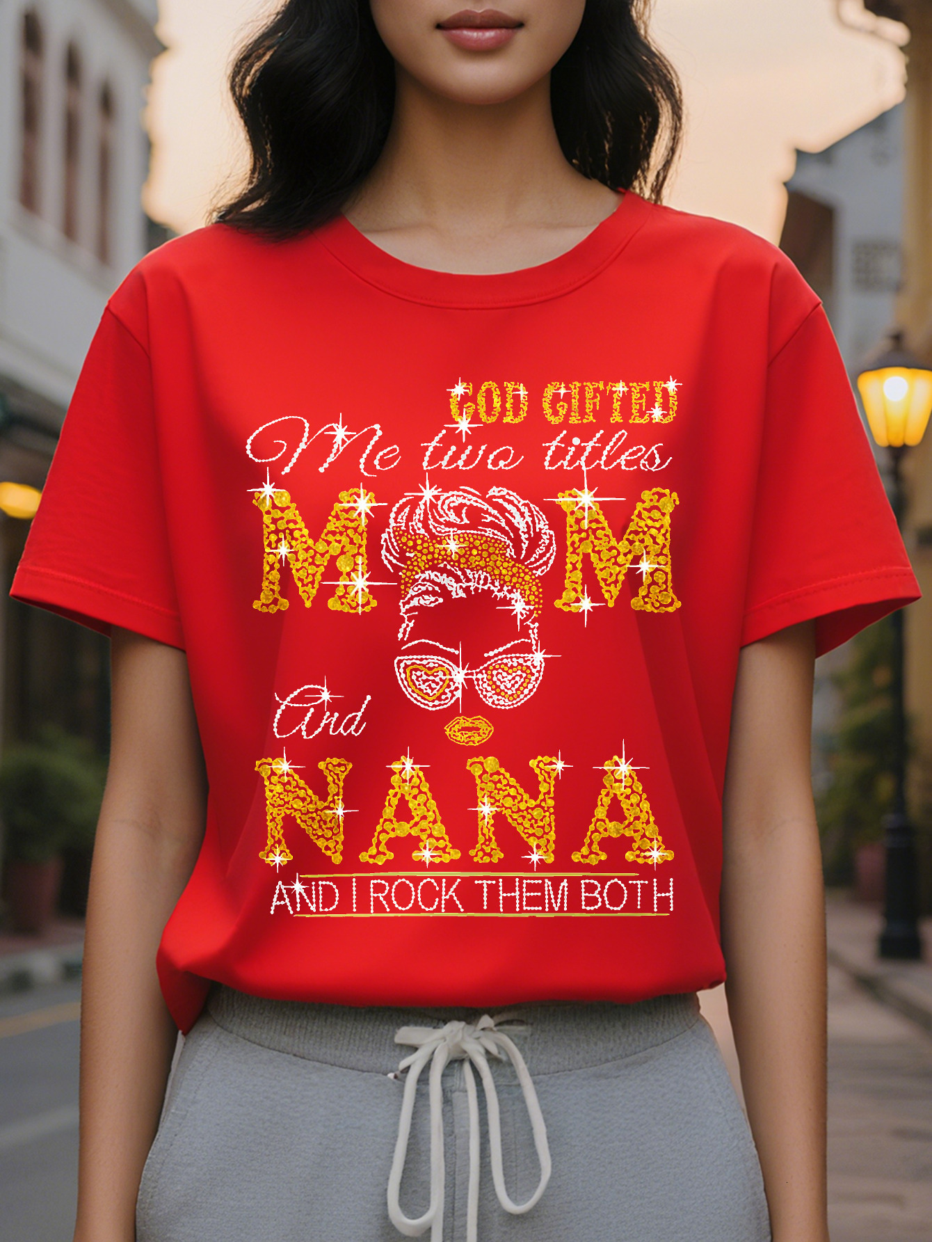MM NANA MAM Women's Mom Graphic T-Shirt Glitter Text Fashion Glasses Design Casual Short Sleeve Crew Neck Top