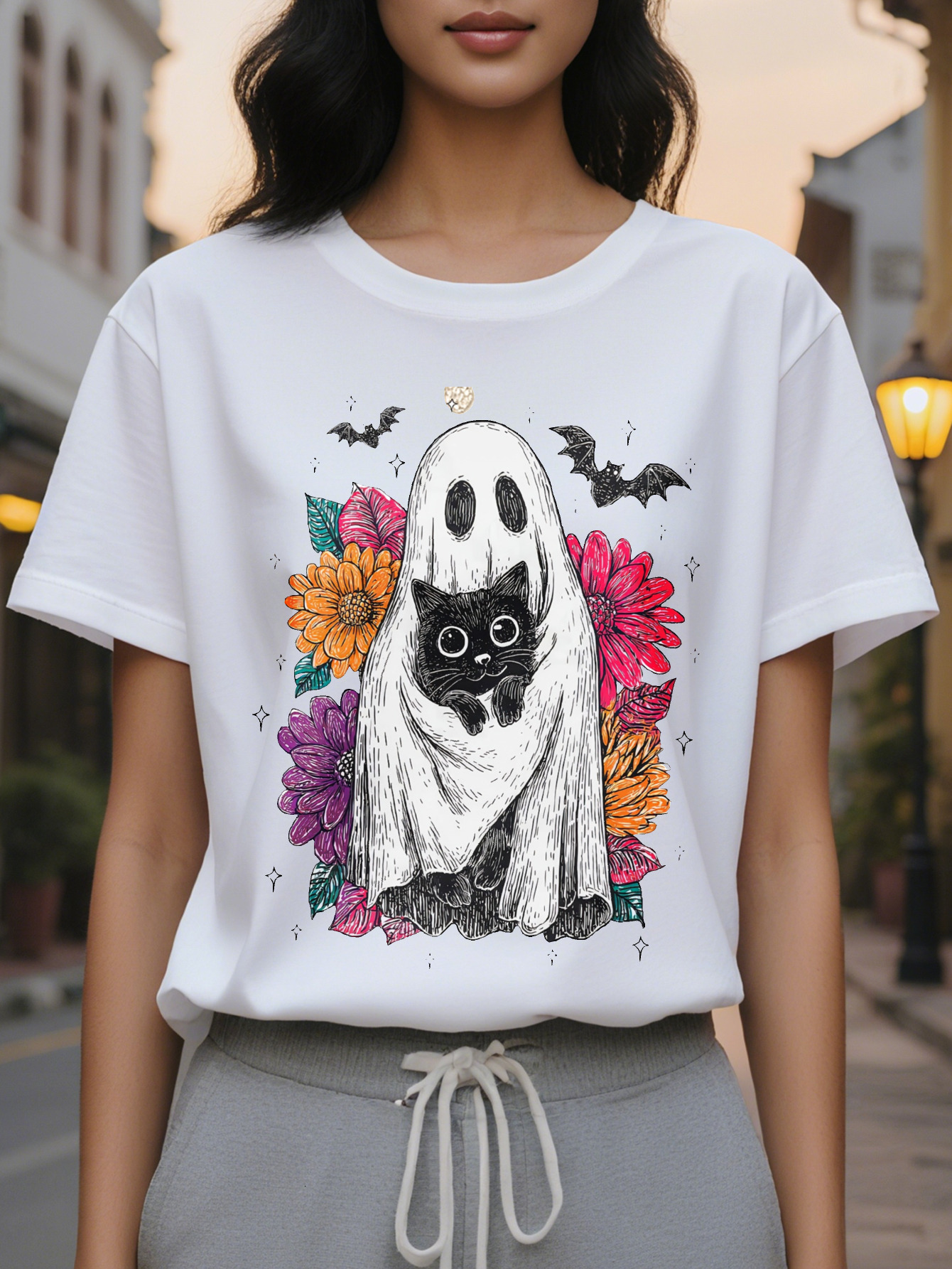Large XL Women's Halloween Cute Black Cat Print T-Shirt Semi Sheer Round Neck Top with Bats Floral Design Spring Summer Plus Size