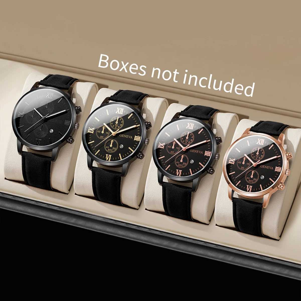 4pcsset Mens Handse Watch Simple Ran Sc Three Eye Dial Mens Cndar Leather Strap Quartz Cbination Watch No Box X250904