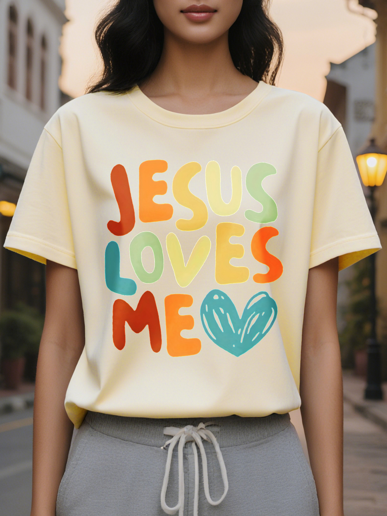 Jesus Love Me Heart Letter Short Sleeve T-Shirt Round Neck Casual Summer Spring Top Women's Clothing