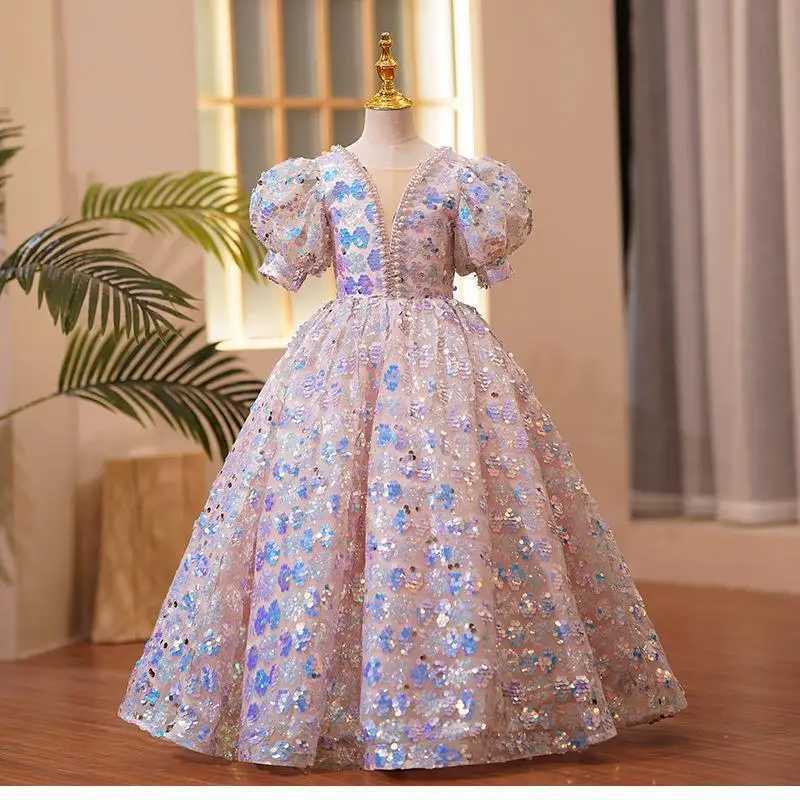 Girls Sequin Floral Ball Gown Puff Sleeve V-Neck Princess Dress for Pageant Party Elegant Formal Kids Evening Wear Z250904