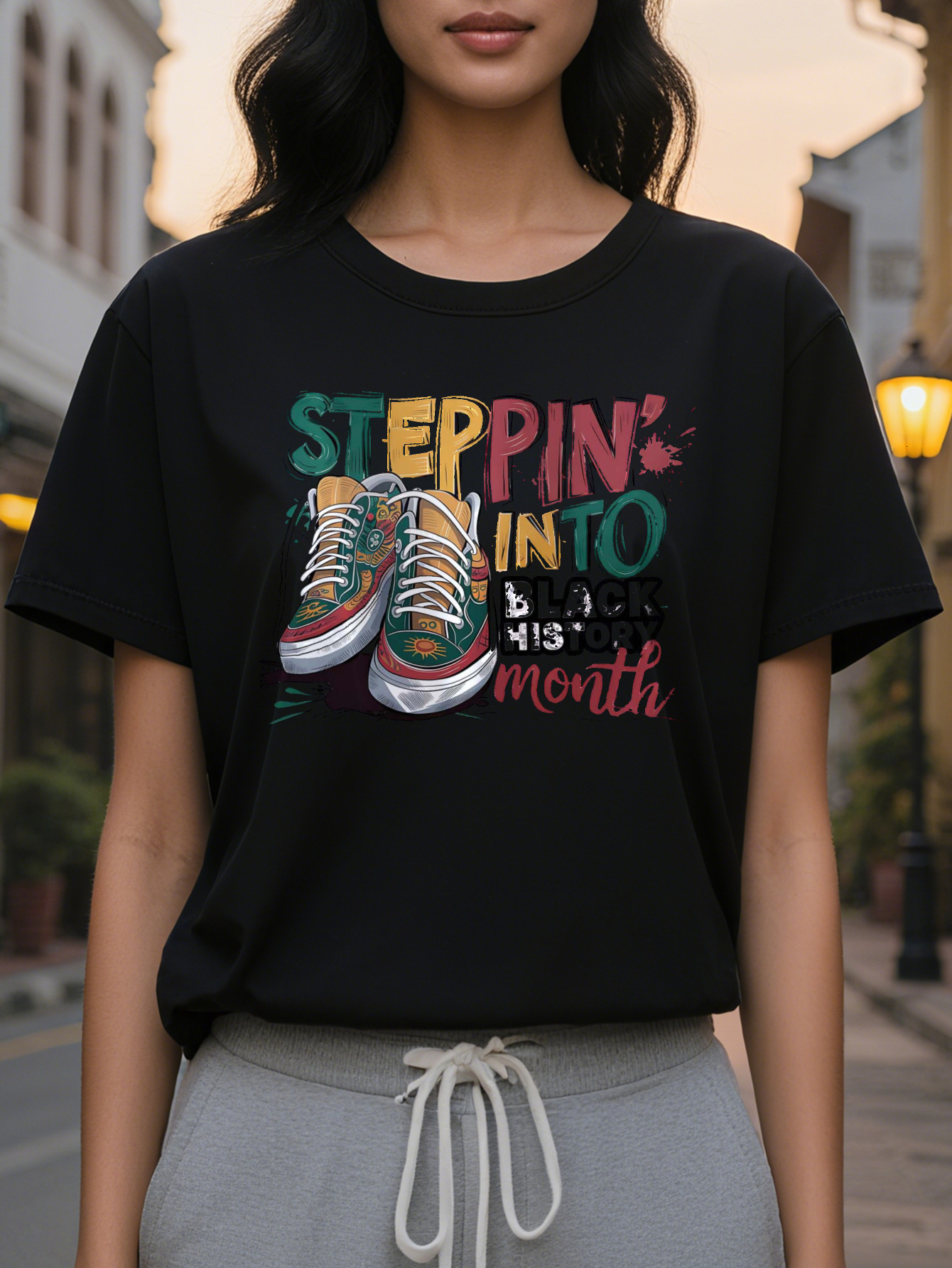 Ladies elegant round neck black history month pattern T-shirt, knitted fabric, short sleeve, casual top suitable for