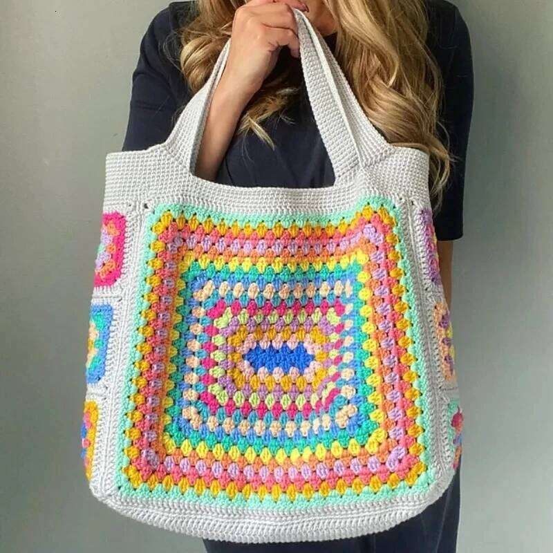 Handwoven Grandmother Grid Shoulder Classic Black and White Puzzle Handbag Large Capacity Lined Beach Bag