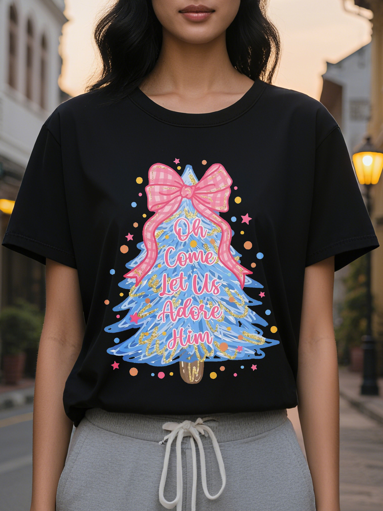 Elegant cotton T-shirt with a Christmas tree, the words 'Come worship him,' round neck casual top suitable for