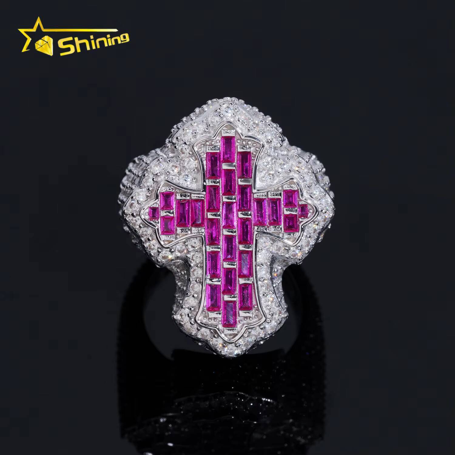 Hot Selling GRA Certificate High Quality 925 Silver Gold Plated Fine Jewelry Iced Out Hip Hop Ring Cross Moissanite Men Rings