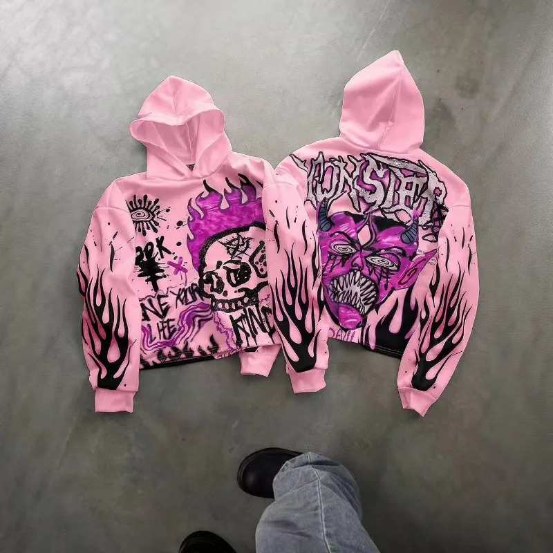 Hiphop letter geometric skull print longsleeved oversized hoodie for women Y2K autumn and winter warm trendy casual sweatshirt 250904