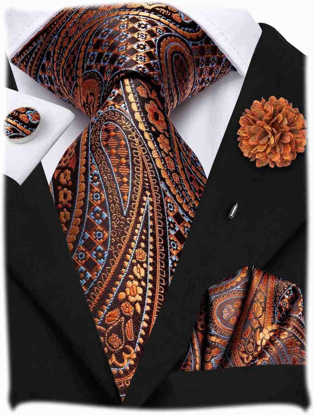 Men Silk Ties Set with Flower Lapel Pin Necktie Pocket Square Cufflinks for Tuxedo Wedding BusinessW250904
