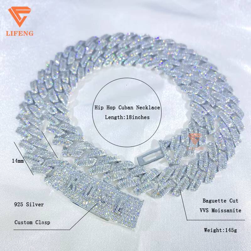 Custom Clasp Letter Fashion 925 Sterling Silver Cuban Link Chain 14mm Baguette Cut Moissanite White Gold Necklace