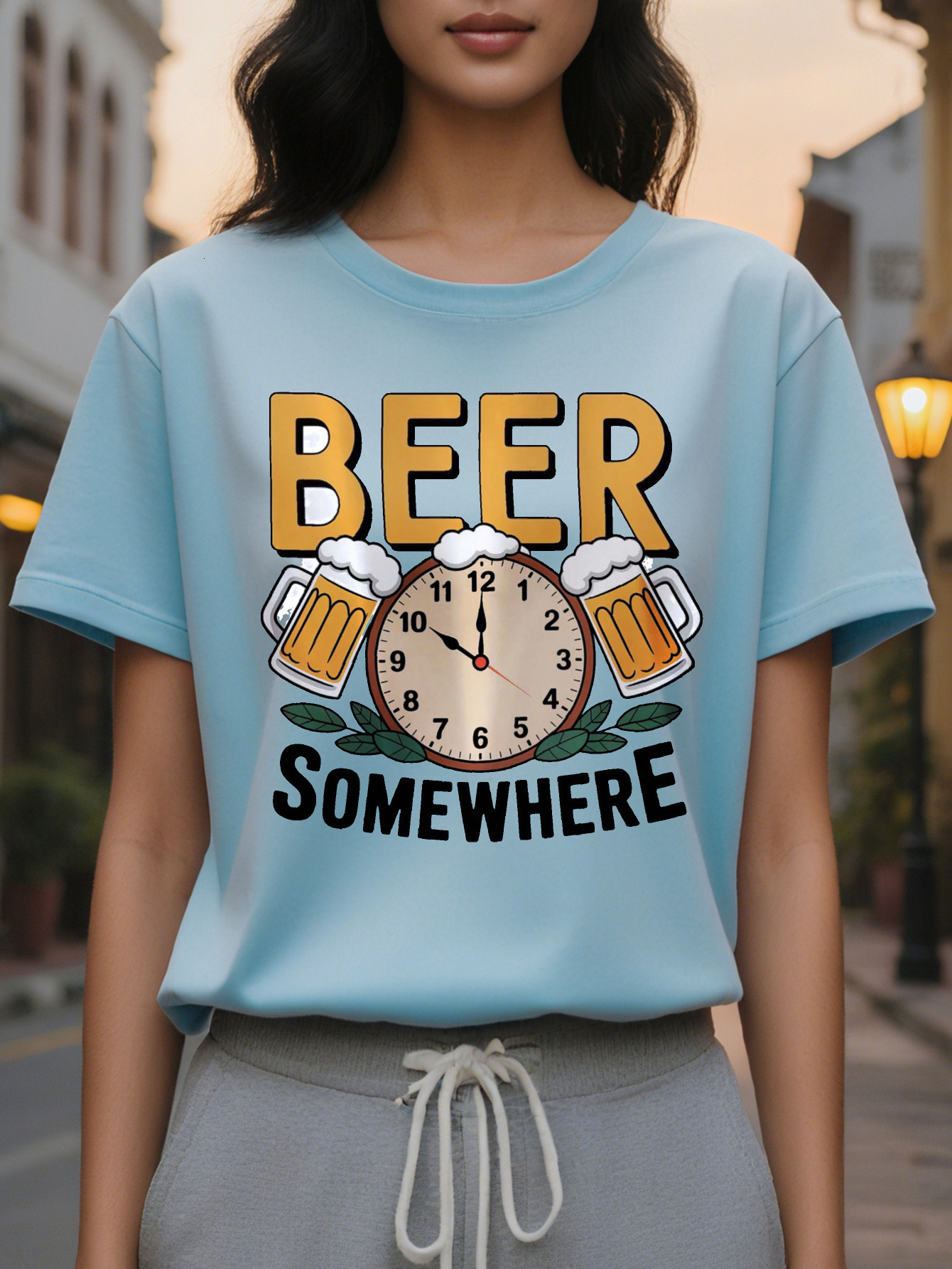 Women's Somewhere Pattern White T-Shirt with a Strong Beer Mug Design Lightweight Summer Top Suitable for