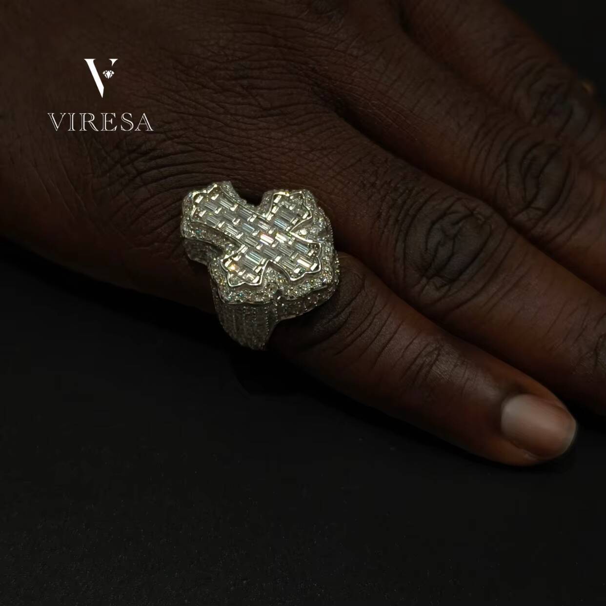 Mens Luxury 925 Sterling Silver Baguette Cut Cross Ring Custom Hip Hop Style VVS Moissanite Diamond Ring