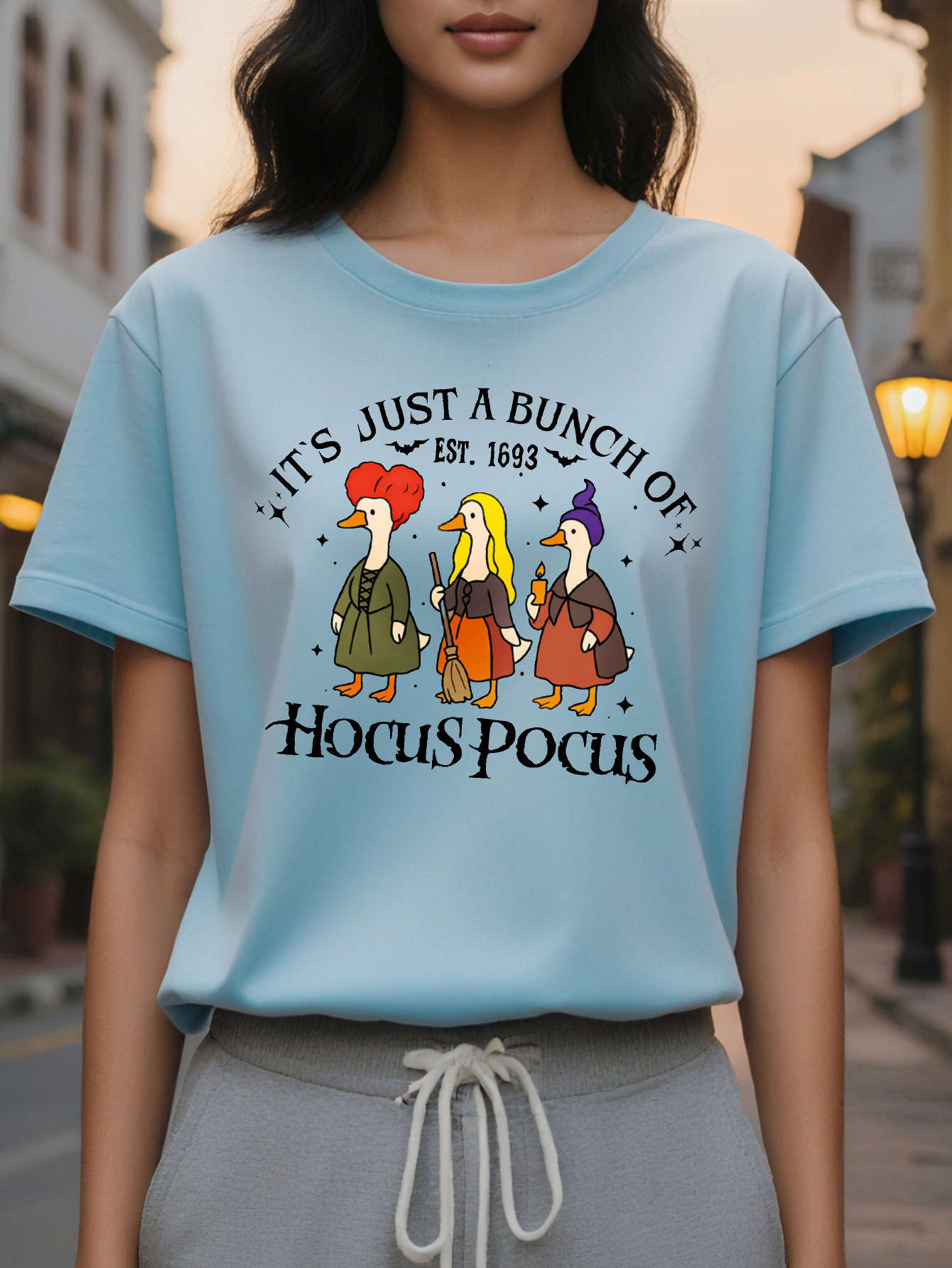 Women's Movie Quote Halloween T-Shirt It's Just a Bunch of Hocus Pocus Graphic Tee with Witch Design Soft Round Neck