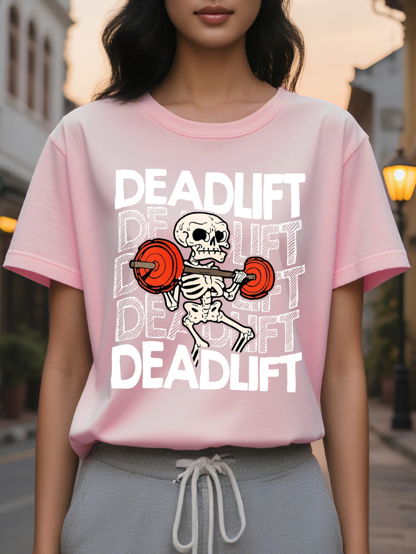 Women s Funny Humor T Shirt Olive Green Deadlift Skeleton Tee Lightweight Round Neck Top for Casual Outfits