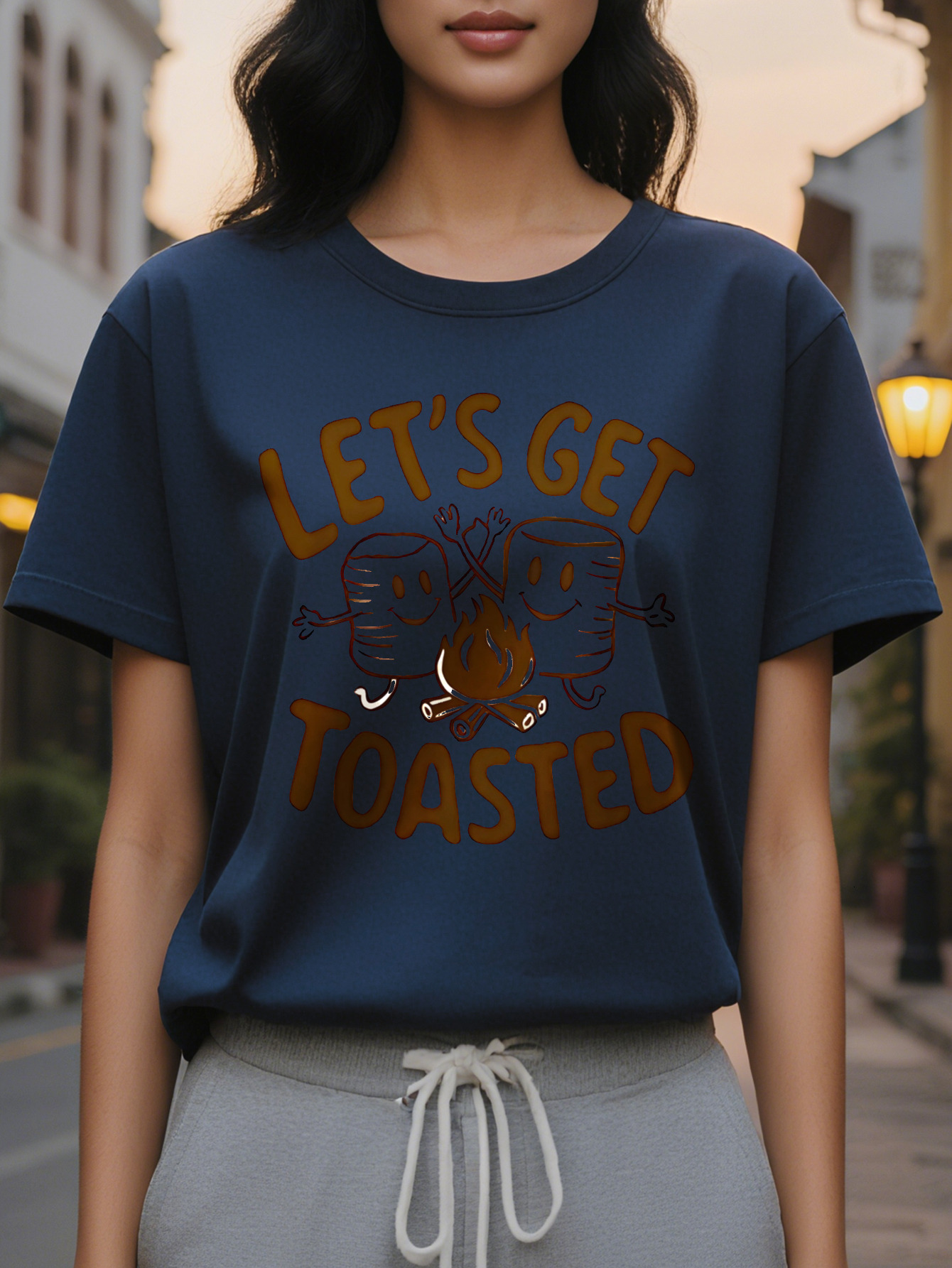Ladies Let's Get Toasted Pattern Short Sleeve T-Shirt Nifty Toast Flame Design Round Neck Breathable Summer And