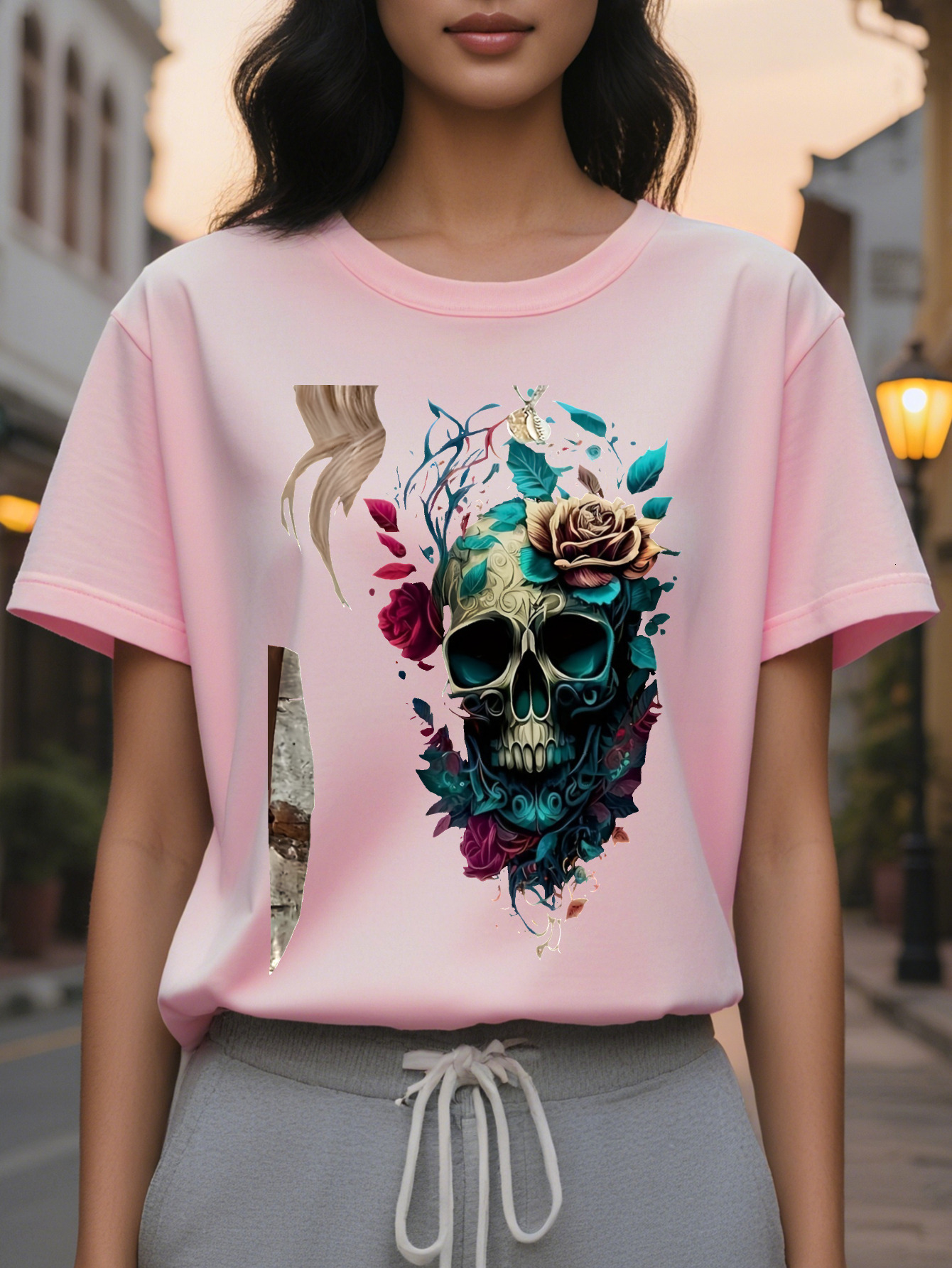 Women's casual round neck T-shirt with floral skull print, cotton knitted fabric, regular length, all-season top